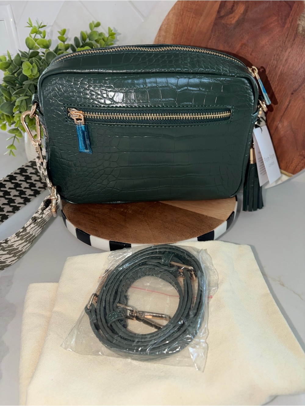 Pom Pom London Pine green croc City crossbody bag purse houndstooth strap NWT - Picture 4 of 6